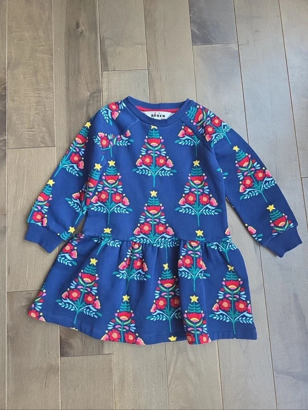 MINI BODEN Navy Christmas Trees Cosy Sweatshirt Dress Size 2-3 Yeats
